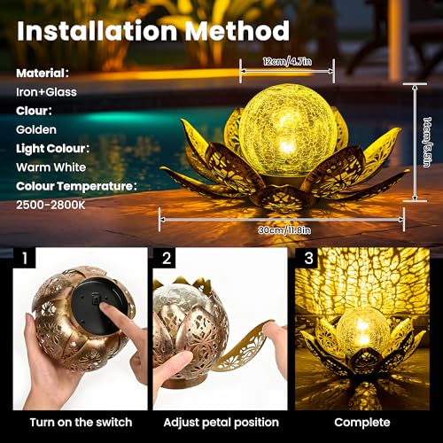 GIGALUMI Lampes solaires d'extérieur en Forme de Pétale de Lotus en métal - Lanterne en Verre Craquelé - Étanche - pour Terrasse, Pelouse, Allée, étang (Doré) – vue 5
