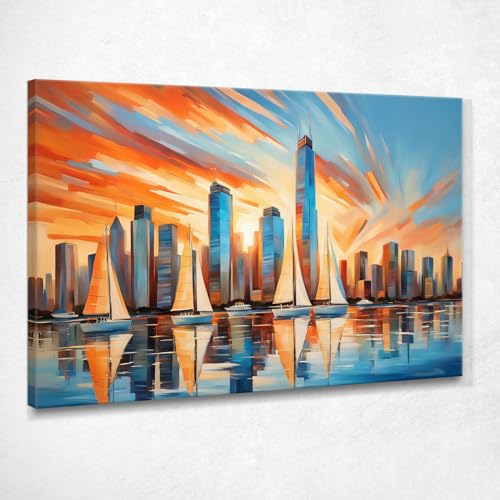 CheQuadro! Quadro città luminosa, decorazione parete, arte astratta su tela, Tramonto su Grattacieli della Città Moderna e Barche a Vela, su tela pronto da appendere ct32-150x105 cm