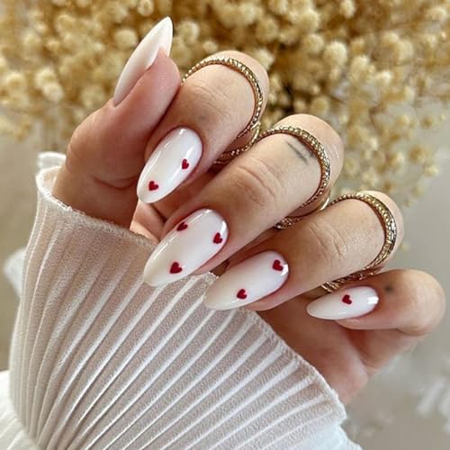 yefiuo Press on Nails Medium Almond White Fake Nails Press ons Red Heart False Nails Glue on Nails Reusable Nail Tips Kit Glossy Full Cover Stick on Nails for Women Girls 24Pcs