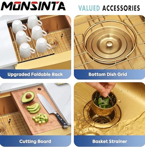 Image of Gold Farmhouse Kitchen Sink, 16 Gauge SUS304 Stainless Steel Farm Sinks, All In One Workstation Sink with Ledge & Accessories, 33 inch x 20 inch x 10 inch Large and Deep Gold Undermount Kitchen Sink
