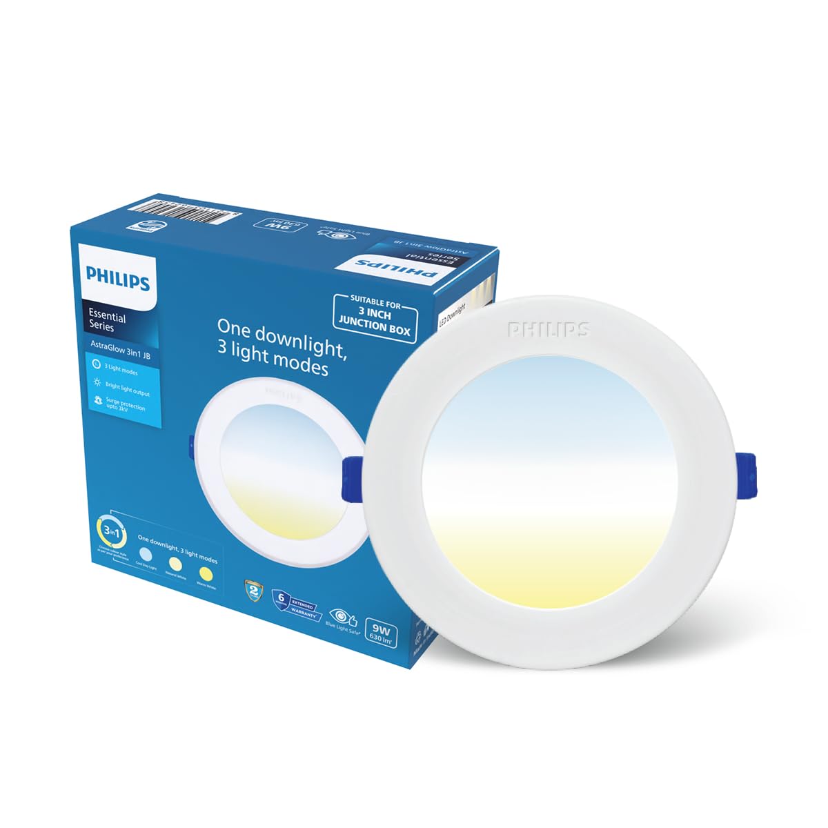 Philips 9W AstraGlow 3in1 LED Downlight | Ultra Bright Slim Panel Light | Junction Box Compatible | Energy Efficient LED Ceiling Light for Home & Office | Pack of 1