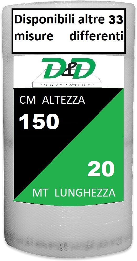 D. & D. Polystyrol-Luftpolsterfolie für Verpackung und Versand – Hergestellt in Italien – Luftpolster zum Schutz, Polstern und Verpacken von Gegenständen während des Transports (H 150 cm x 20 m/l)