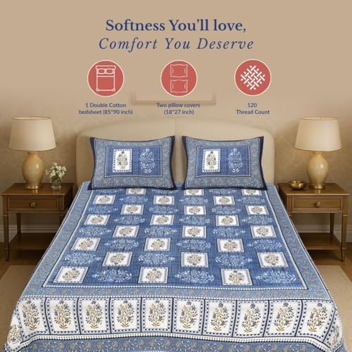 Image of Jaipur Weaves Jaipuri Double Bed Cotton Bedsheet Queen Size 90x85, 120 TC 100% Pure Cotton Bed Sheet with 2 Pillow Covers, Floral Traditional Print (Blue Blocks, Double)