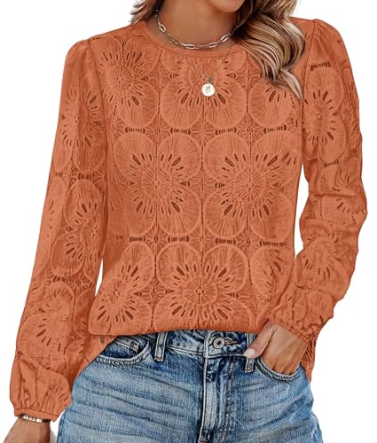 Image of OFEEFAN Blouses for Women Dressy Casual Spring Tops 2026 Summer Outfits Flower Lace Crochet Long Sleeve Shirts