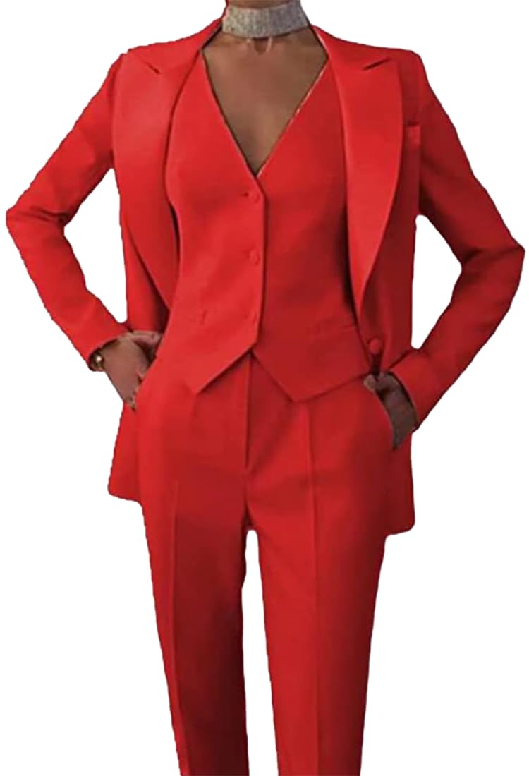 Leader of the Beauty Women's 3-Piece Office Lady Suit Blazer, Vest & Pants - Business & Casual Red