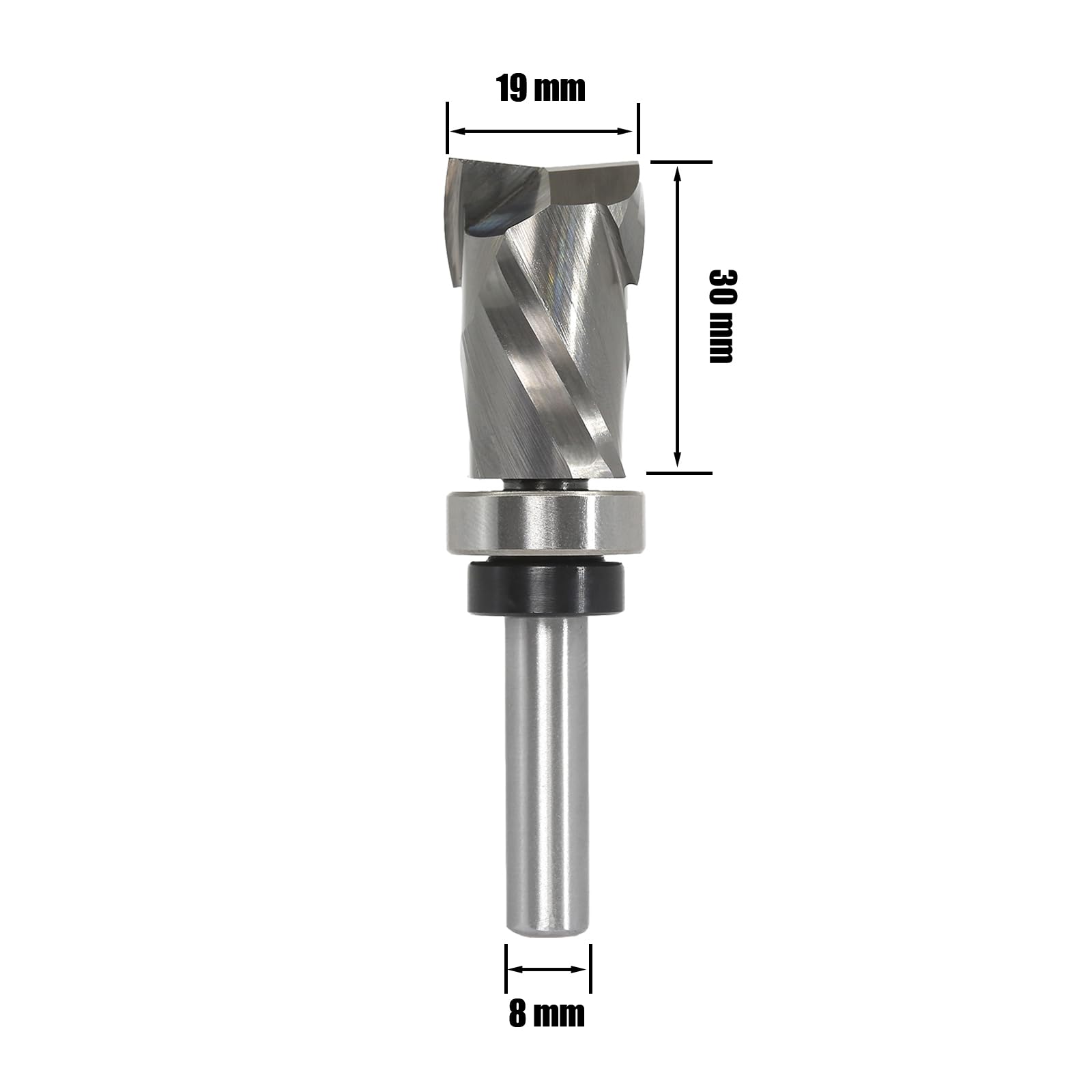 Fresa de enrasado en espiral de 8 mm, eje de compresión hacia arriba y hacia abajo, fresa en espiral para fresadora superior, diámetro de corte de 19 mm, longitud de corte de 30 mm, ranura en