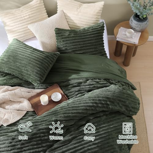 Image of Geniospin Luxury Fluffy Twin Comforter Set-2 Pieces, Olive Green Comforter Twin Size All Seasons, Faux Fur Bedding Set, Plush Fuzzy Comforter(Olive Green, 66''x86'')