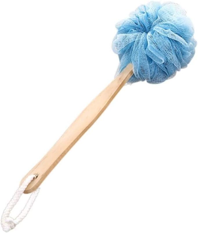 Exfoliating Brush-Shower Brush-Bathing Brush-Long Handle Hanging Soft Mesh Back Body Bath Shower Wooden Handle Scrubber Brush Sponge Grey