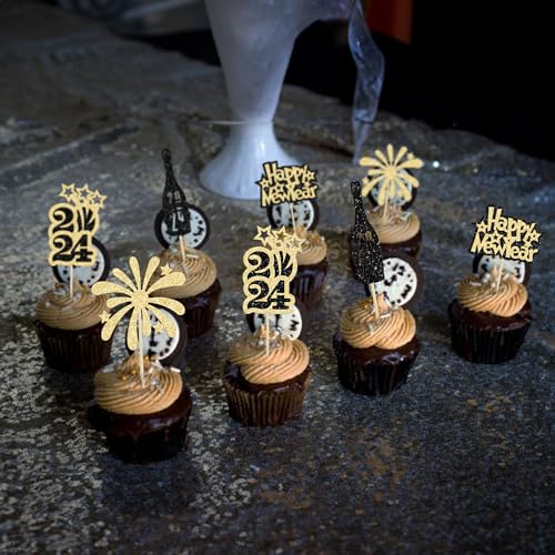 Gyufise 24Pcs Happy New Year Cupcake Toppers 2024 Happy New Year Party Decorations Gold Black Glitter Firework 2024 Cupcake topper Cheers to 2024 Cake Picks for New Year Eve Party Supplies - Image 4