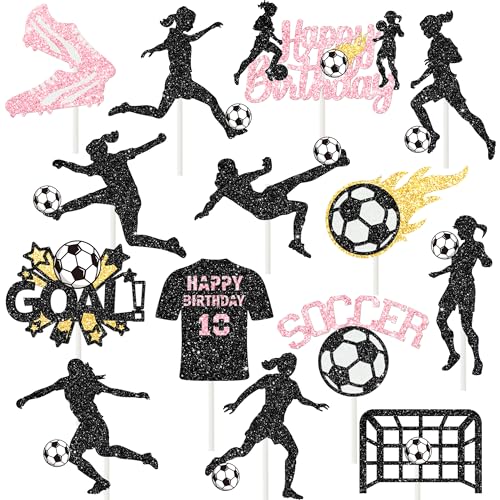 Soccer Party Cupcake Toppers for Girls Soccer Birthday Party Decorations 24pcs Glitter Football Party Cake Cupcake Picks for Girls Soccer Theme Birthday Baby Shower Supplies