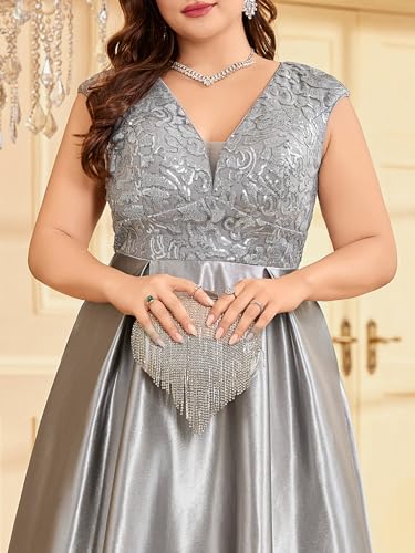 Image of Plus Size Satin Mother of the Bride Formal Gown for Wedding Sleeveless V-Neck Evening Dress