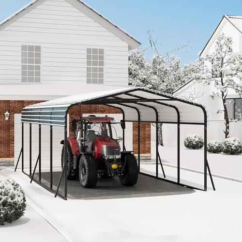 Metal Carport, 12x20 ft Car Port with Enhanced Base and Galvanized Steel Roof, Heavy Duty Garage Car Shelter Shade, Outdoor Canopy for SUV, Truck, Boa