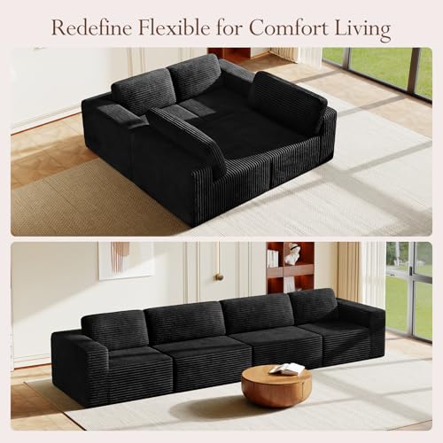 Image of Vesgantti 159 inch Modular Sectional Sofa, Corduroy Cloud Couch with Extra Deep Seats & Spring Support, Flexible Layout 4-Seater Boneless Couch, No Assembly Required, Black