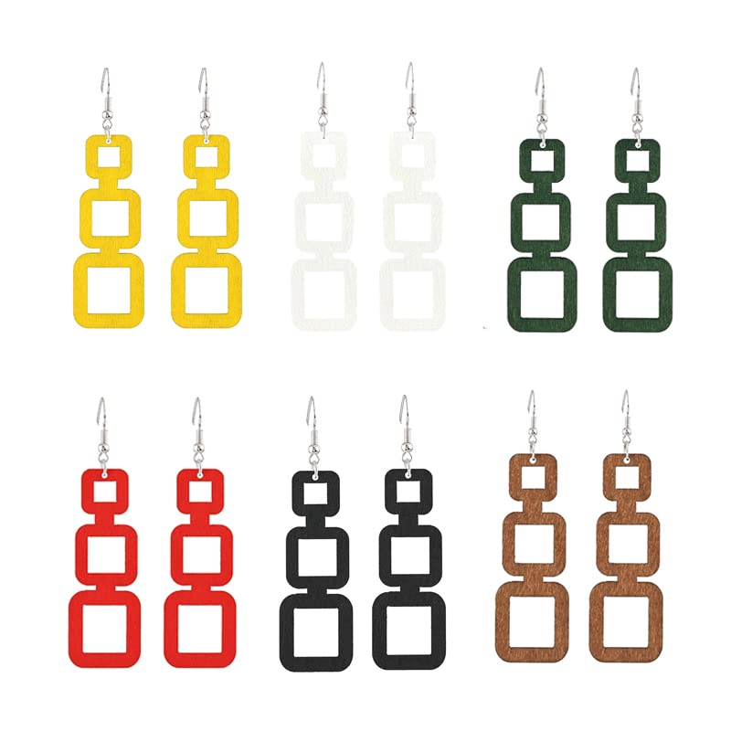 ANXIN STORE Boho Natural Wood Geometric Cutout Round Earrings Vintage Wooden Square Ethnic Drop Earrings For Women Jewelry Gifts