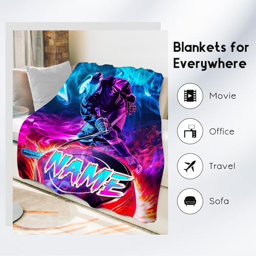 Hockey Blankets, Personalized Boys Blanket for Kids, Custom Ice Hockey Gifts, Cozy Flannel Throw for Bedroom & Living Room, 60"x80"