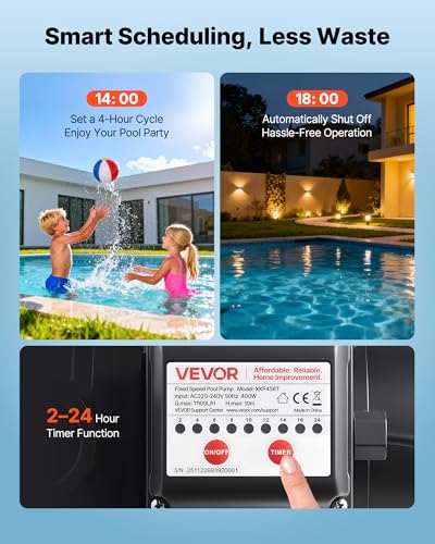 Miniatura 4 de Vevor Bomba Para Piscina 250 W Caudal Máximo De 11100 L H Bomba De Filtración Para Piscina De Una Sola Velocidad, Ca 220-240 V, Altura De Elevación Máxima De 10 M, Con Temporizador De 24 Horas