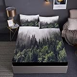 Chickwin Sábana Bajera Ajustable Colchones Decorativa, Microfibra Impresión 3D Sábana Ajustable con Funda de Almohada - Elástico en el Borde Bolsillo de 30 cm (Bosque nórdico,150x200x30cm)
