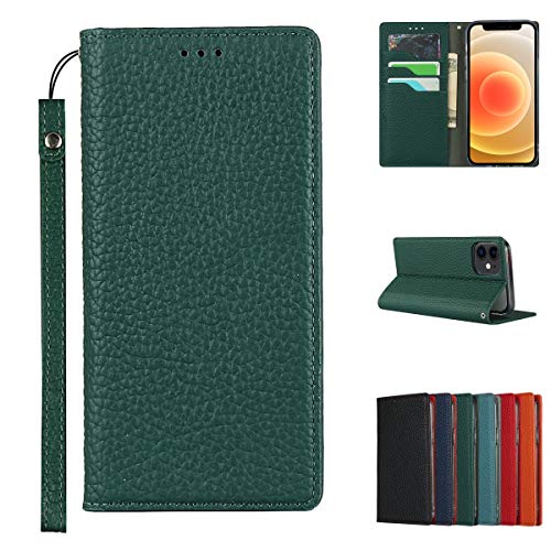 Copmob Coque iPhone 12 Mini avec Cordon,Cuir véritable Flip Portefeuille Étui en Cuir,[3 Porte Cartes][Fermeture magnétique][RFID Blocker],Housse Case pour iPhone 12 Mini - Vert foncé