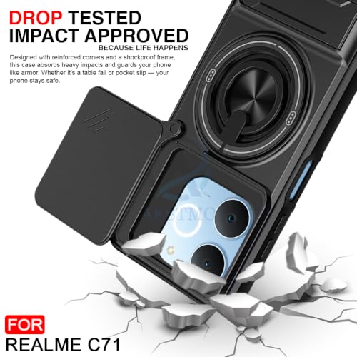 Image of AESTMO Realme C71 Back Cover | Armor Camera Slider 360 Degree Rotating Finger Ring Holder Case with Bracket Stand Back Case Cover (Compatible with MagSafe Accessories) (Black)