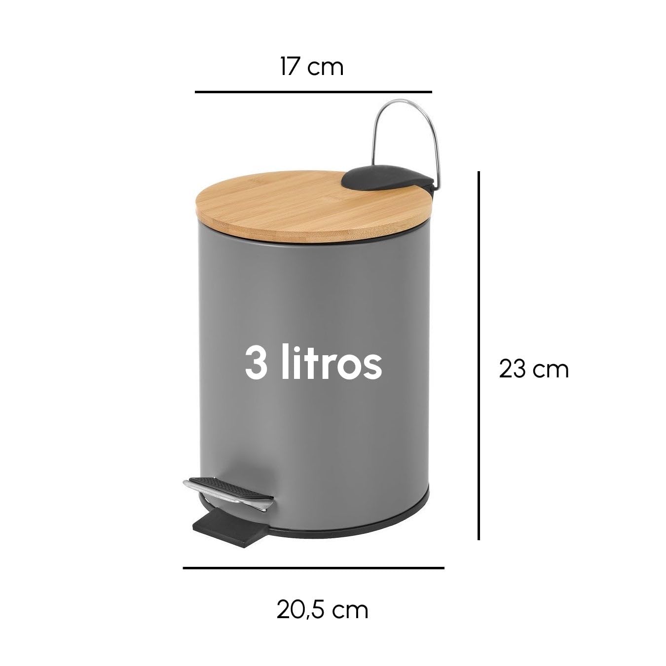 LOLAhome - Papelera de 3 litros de Pedal de Metal Gris y Tapa de Bambú para Baño - Cubo Interior Extraíble y Acabado Mate Antihuellas