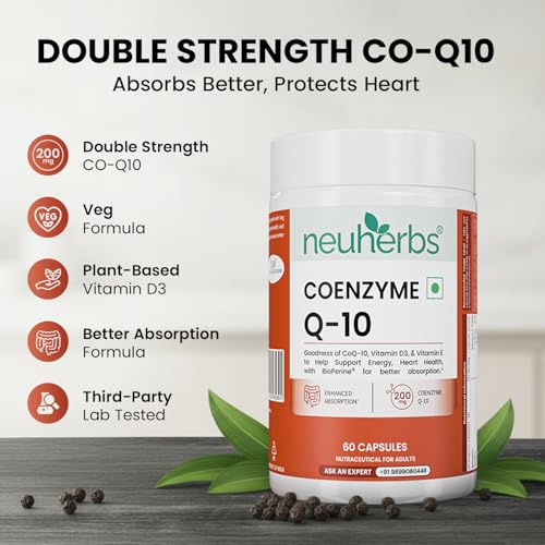 Image of Neuherbs CoQ10 200mg Capsules - 60 Count| Coenzyme Q10 with Vitamin D3 & E | Supports Energy, Heart Health & Cellular Function | Antioxidant Supplement for Men & Women