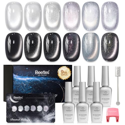 Image of Beetles Silver Cat Eye Gel Nail Polish Set, Dusted Galaxy 6 Colors Magnetic Glass, Crystal, Pearl, Reflective & Glitter Silver Cat Eye Gel Polish Set with 2 Magnets, DIY Color Card for UV