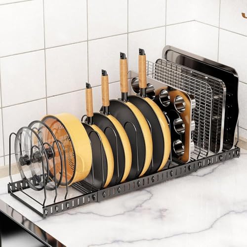 Pot and Pan Organizer Rack for Cabinet & Countertop, 3‑Tier Expandable Holder with 12 Adjustable Compartments, Kitchen Storage for Pan Lid, Cutting Board, Cookware & Bakeware, Black