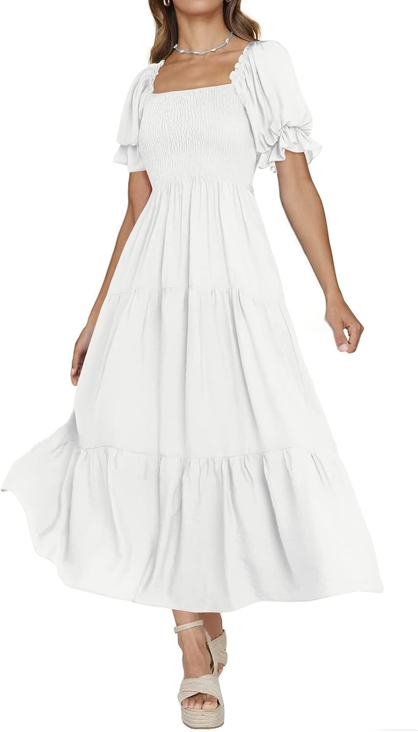 PRETTYGARDEN Women's Boho Floral Print Summer Dresses Square Neck Puff Sleeve A Line Long Dress Smocked Casual Maxi Dress