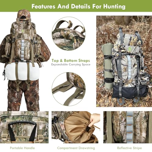 Image of Hunting Backpack for Men, 60 /80L Camo Backpack with Waterproof Rain Cover, 600D Hunting Pack for Hunters
