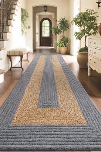 Image of Handwoven Jute Cotton Carpet 2x6 Ft Grey & Beige Plain - Natural Boho Area Rug for Living Room | Eco-Friendly, Durable Floor Mat for Bedroom, Dining & Home Decor