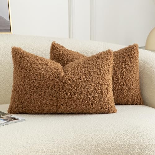 Image of Pack of 2 Curly Teddy Wool Faux Fur Throw Pillow Covers Fuzzy Accent Soft Sherpa Pillowcases Sheepskin Fleece Decorative Cushion Case for Sofa Couch Living Room 12x20 Inch Bronze
