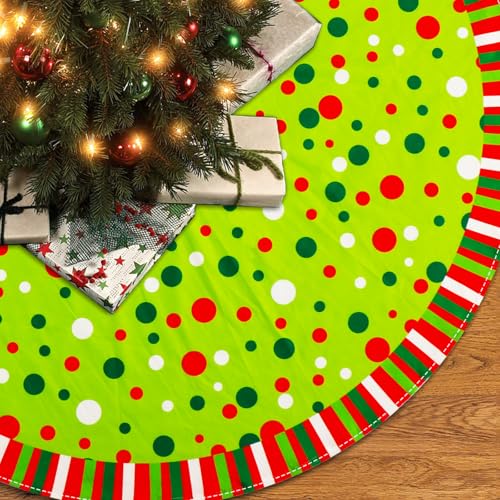 Christmas Tree Skirt 48 Inches, Velvet Stripes Trimmed Tree Skirt with Red Green White Polka Dots Design for Holiday Party Decor - Thumbnail 3