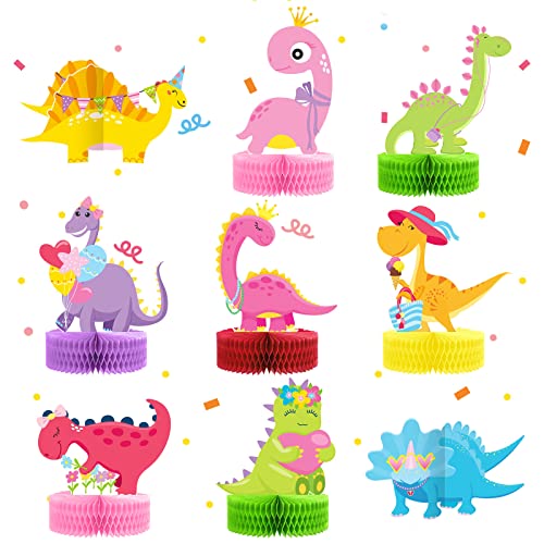 Leinuosen 9 Pcs Dinosaur Party Honeycomb Centerpieces Girls Dinosaur Center Piece for Table Decorations 3D Table Toppers