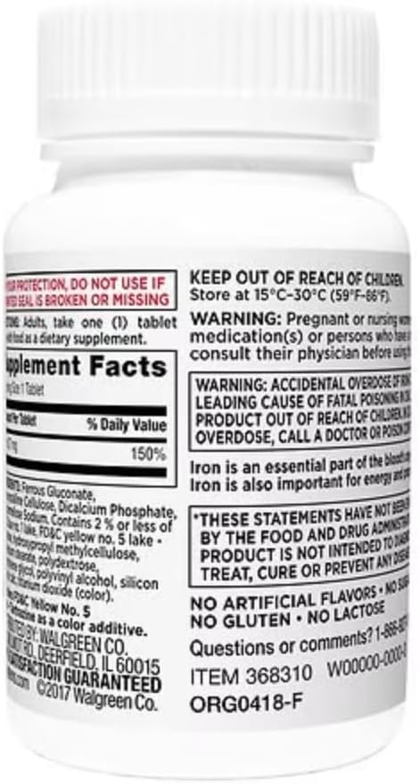 Walgreens High Potency Iron Ferrous Gluconate 27mg, Tablets, 100 ea