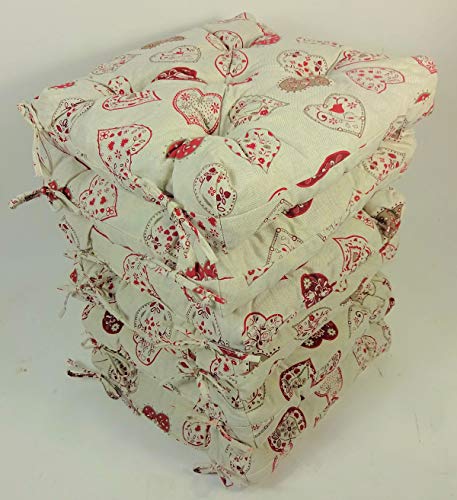 Rattani Set 6 x Stuhlkissen/Sitzkissen Klara 42 x 42 cm Dicke 8 cm, Stoff Mirha Leinen Herz - Made in EU