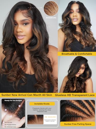 Image of Sunber Highlight Brown Body Wave Balayage 7x5 HD Lace Front Human Hair Wig | Ombre Glueless Wigs Human Hair Pre Cut Elastic Drawstring 150% Density Ready To Go Pre Plucked Bleached Invisible Knots 20 inch