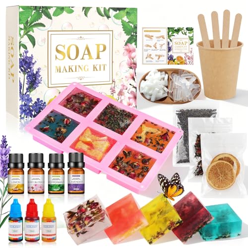 Zelf zeep maken,kit voor handgemaakte zeep,doe-het-zelf zeeps maken set voor volwassenen,DIY zelf zeeps makens set met vierkante mal,geuren,kleuren,verjaardagscadeaus voor 6-12 jaar oude