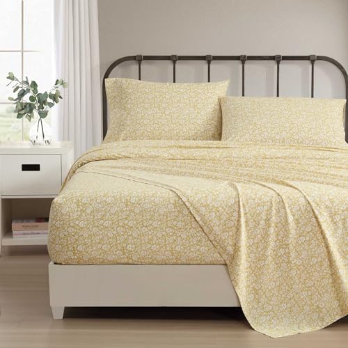 Image of Laura Ashley - Queen Size Sheet Set, Crisp & Lightweight Cotton Percale Bedding with Fitted Sheet and Pillowcases, Floral Room Decor, Deep Pocket, College Dorm Room Essentials (Heirloom Ditzy Yellow)