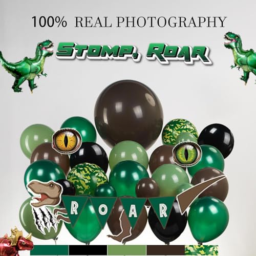 Image of Dinosaur Birthday Party Decorations hunter Green black brown balloon arch kit with mini dino Foil balloons ROAR Banner Dinosaur eye stickers for jungle adventure Boy Scouts three rex Jurassic Supplies