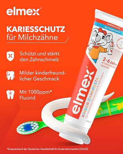 ELMEX Kinder-Zahnpasta, Doppelpack - Zahncreme für Kinder von 2-6 Jahren mit mildem Geschmack, der besondere Kariesschutz für Milchzähne, 2 x 50 ml