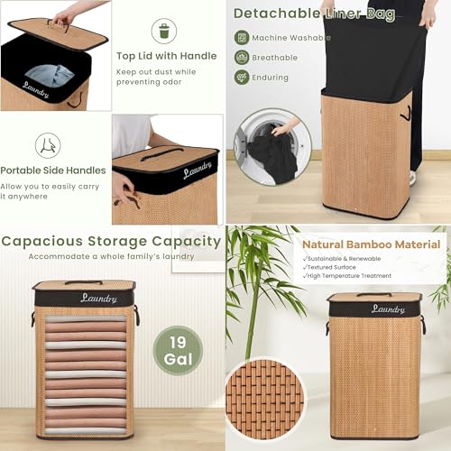 Image of LUXE HOME INTERNATIONAL Rectangle Bamboo Laundry Basket with Lid | Eco-Friendly, Foldable & Lightweight Organizer (Natural, 40x30x60 cm, Pack of 1)