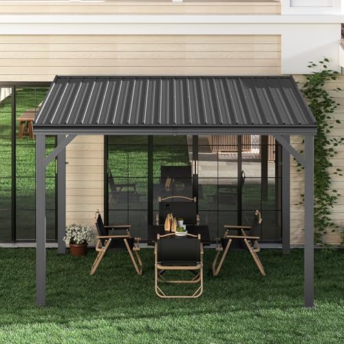 Domi 10'x12' Wall Mounted Hardtop Gazebo, Connectable Lean to Pergola with Gutters & Galvanized Steel Roof, 60MPH Wind Resistance, Outdoor Heavy Duty Metal Awning for Patio, Deck, Backyard - Grey