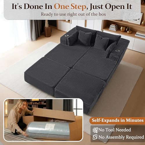 Image of 72 inch Cloud Sectional Couch, Comfort Sleep Sofa for Living Room, Extra Deep Seats No Assembly, Minimalist Modular Couch, Corduroy (Dark Grey, Extend Loveseat Chaise)