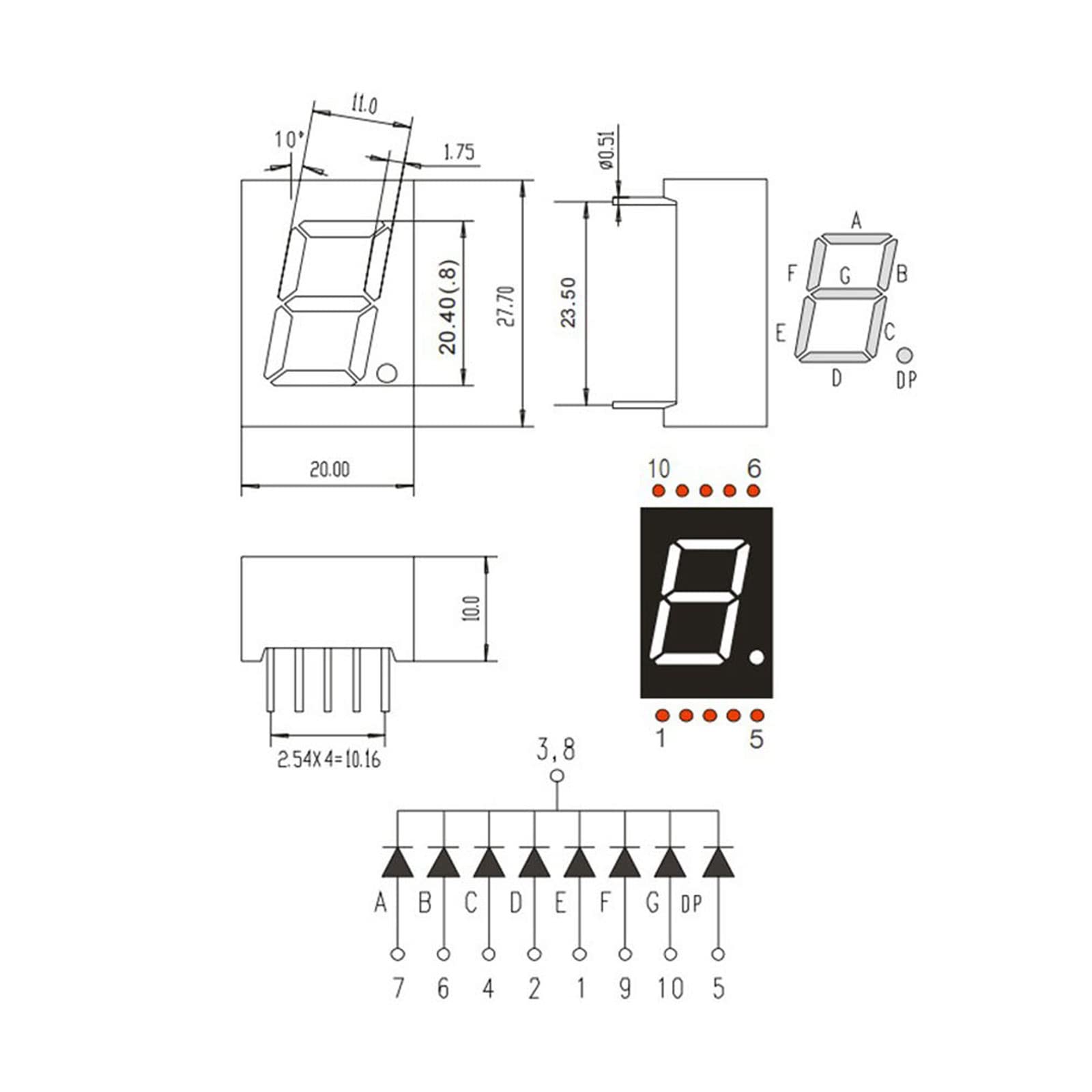 10-Pack Green 0.8" 7-Segment LED Display Tube - Common Anode 1-Bit Digital Module (3.3V, 10-Pin)