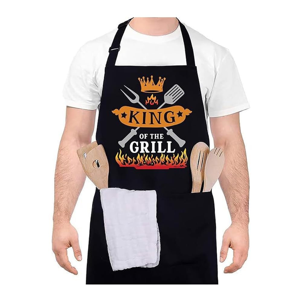 Delantales de Cocina Hombre Ajustable Delantales de Cocina con 3 Bolsillo Impermeables Aprons Negro Delantal para Papá, Esposo Personalizado Regalo Delantal para Barbacoa Cocina