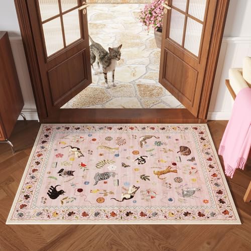 Door Mat Indoor Entrance 2x3 Rug Machine Washable Boho Floral Animal Cat Small Area Rug Non-Slip Low Pile Throw Rugs for Entryway Kitchen Front Door Indoor Entrance Entry Kids Room, Pink