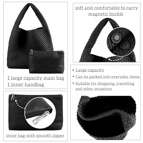 Image of Vegan Leather Hand Woven Tote Handbag Shoulder Bag and Woven Purses Large Shopper Bag for Women