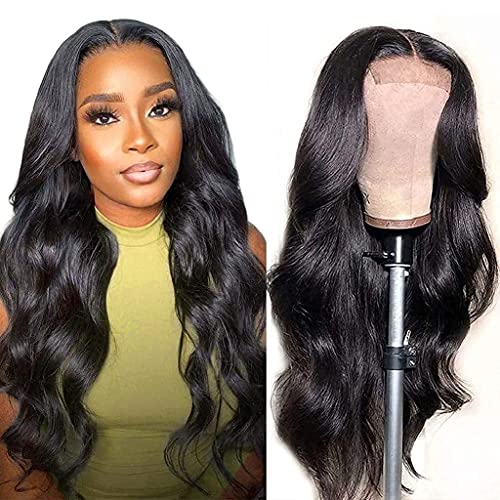 Lace Front Wigs Human Hair Body Wave 4x4 Lace Closure Wigs for Black Women 150% Density Brazilian Virgin Human Hair Wigs Pre Plucked with Baby Hair Natural Black Color (24 Inch)