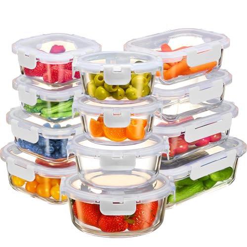 FineDine 24 Piece Glass Airtight Storage Containers with Lids - Leak Proof, Dishwasher Safe Glass Food Storage Containers for Meal Prep or Leftovers, White