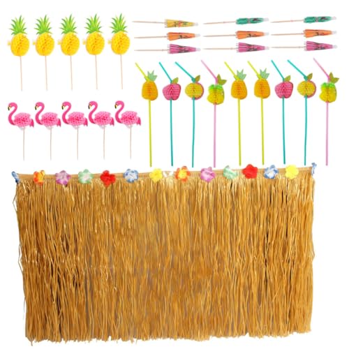 IWOWHERO Large Hawaiian Set 83pcs Table Skirt Straw Hawaiian Theme Party Supplies Decor Random Style